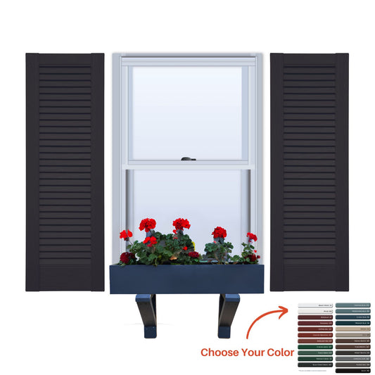 Vinyl | Louvered Exterior Shutters | 9.25" Width | Straight Top | No Mid Rail | 1 Pair